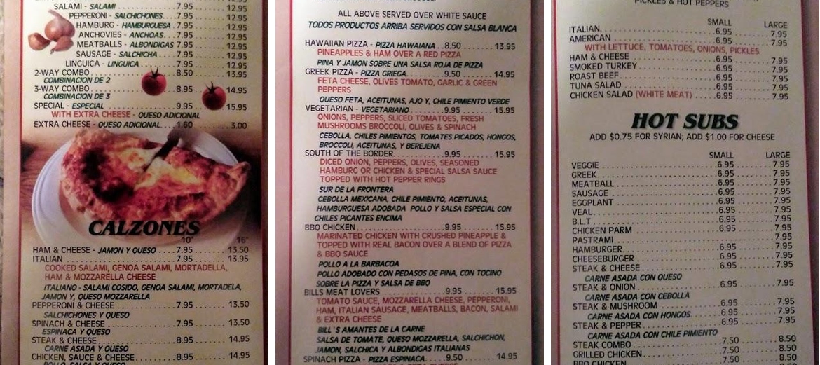 Bill's Pizza Menu